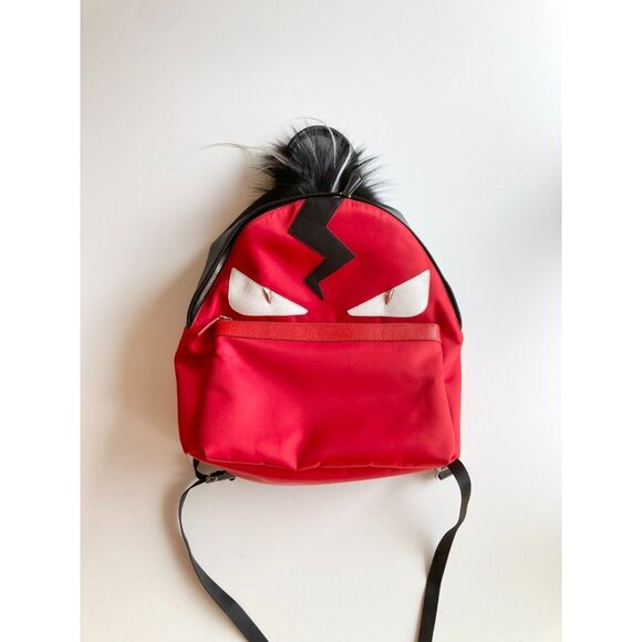 NWD FENDI Red Nylon Satin Black Leather Fox Fur Mohawk Monster Face Backpack - Picture 1 of 11